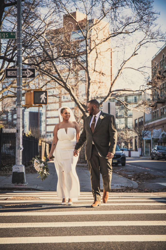 Black Couple Holding Hands Crossing Street, First Look, Wedding Day Nerves, Newlyweds