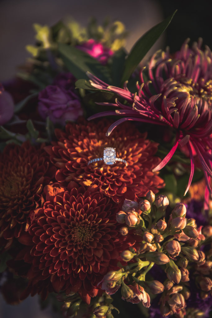 Radiant Cut Diamond Engagement Ring in an orange dahlia flower head at Brooklyn Bridge Park, Pier 1