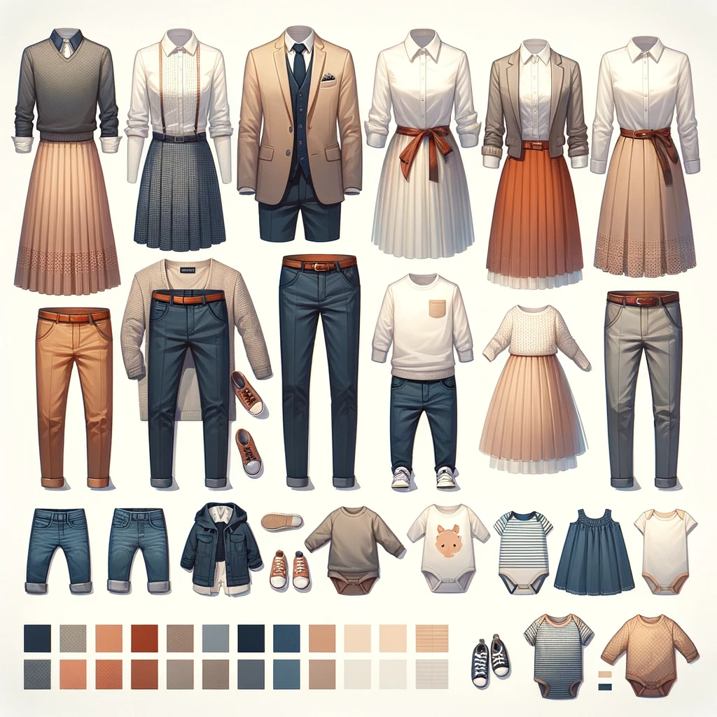 Autumn outfits with a selection of sweaters, skirts, and trousers in a warm, earth-toned color palette.