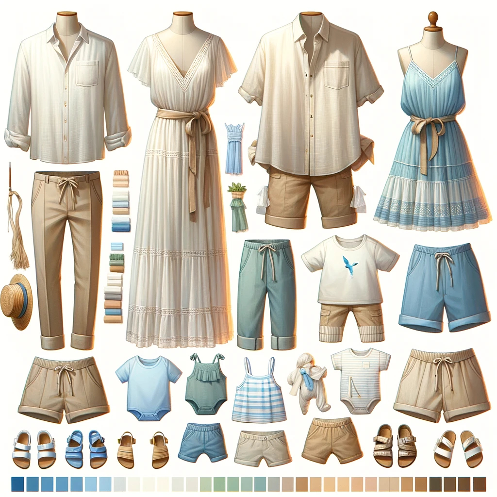Summer family photo outfits featuring light shirts, dresses, and shorts in cool, refreshing blue and beige tones.