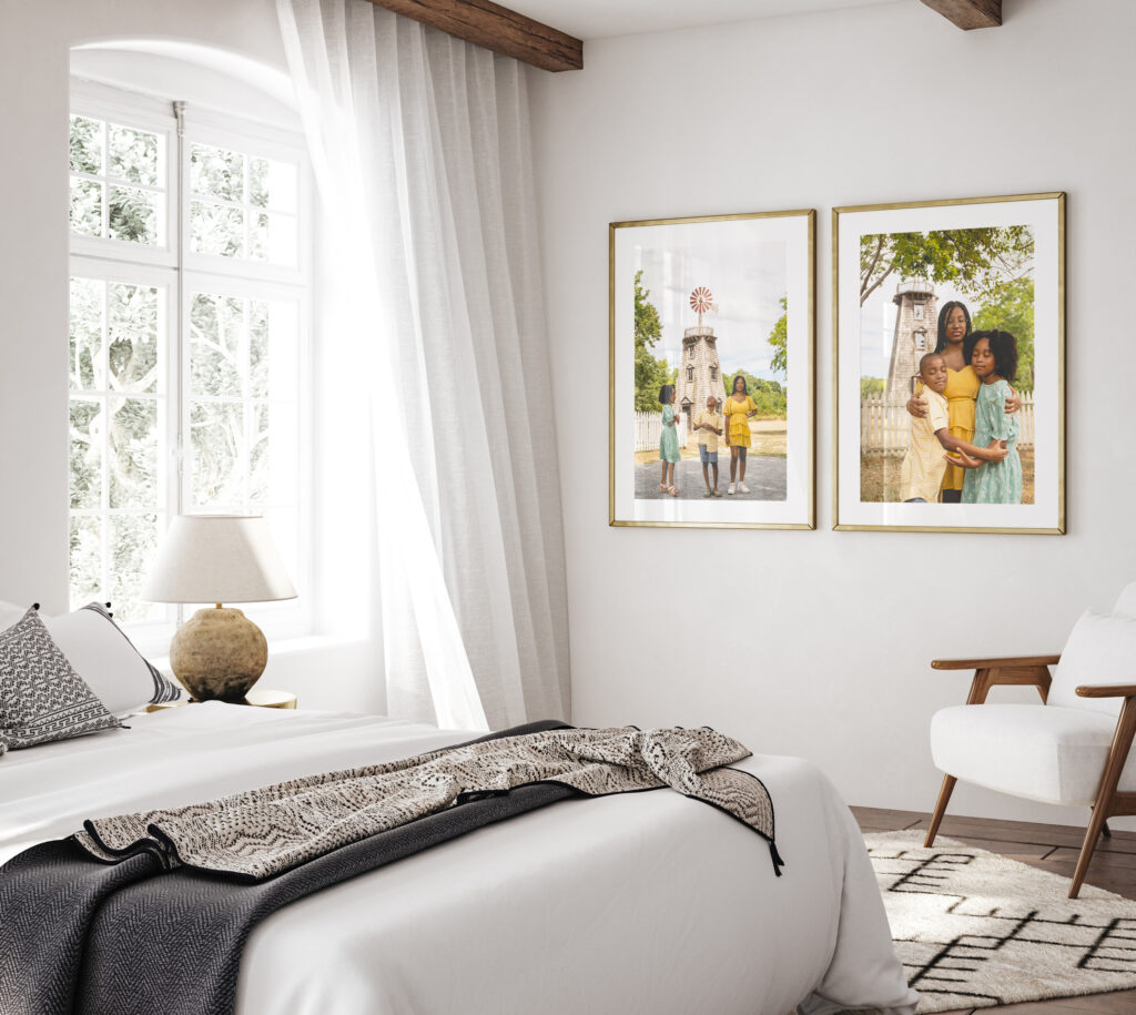 Elegant bedroom adorned with framed pictures capturing family bonds and happy childhood moments, showcasing the legacy of preserved memories through print.