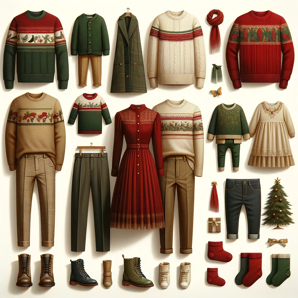Winter family photo outfits collection with festive sweaters, dresses, and accessories perfect for holiday-themed portraits.